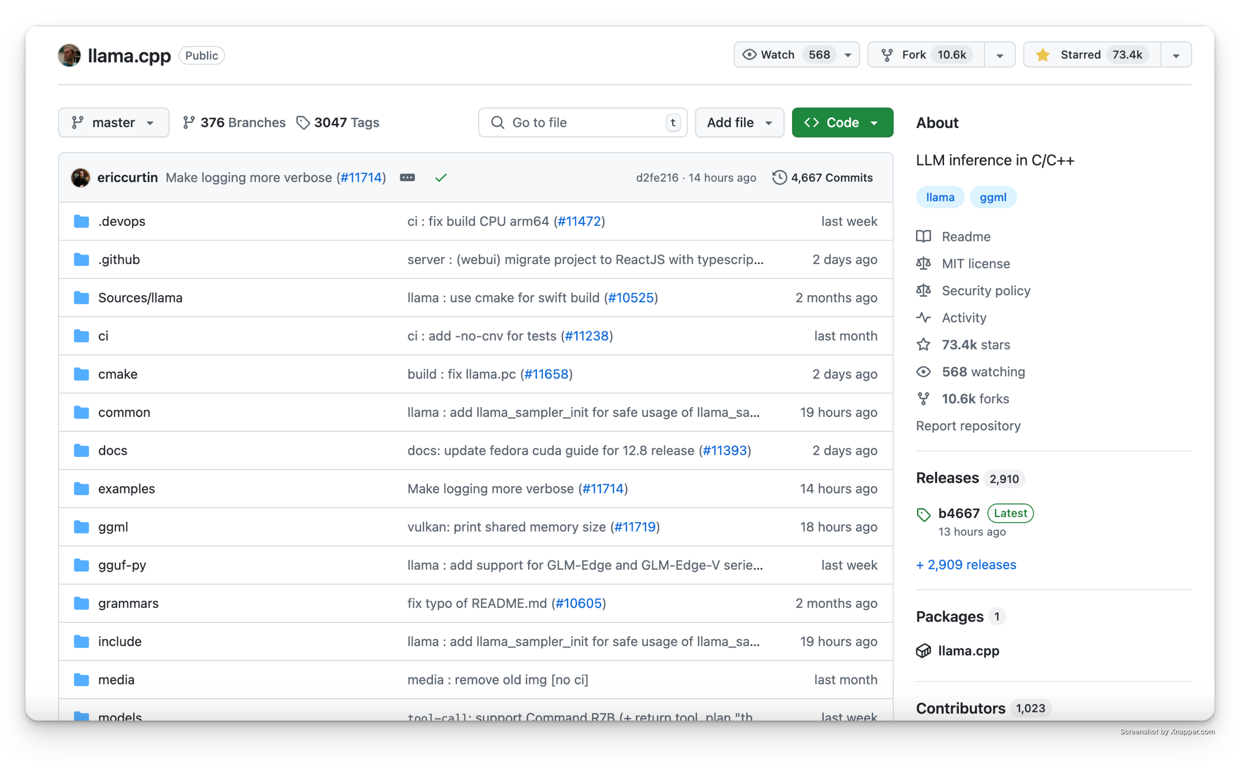 llama.cpp GitHub repository showing its popularity and wide adoption