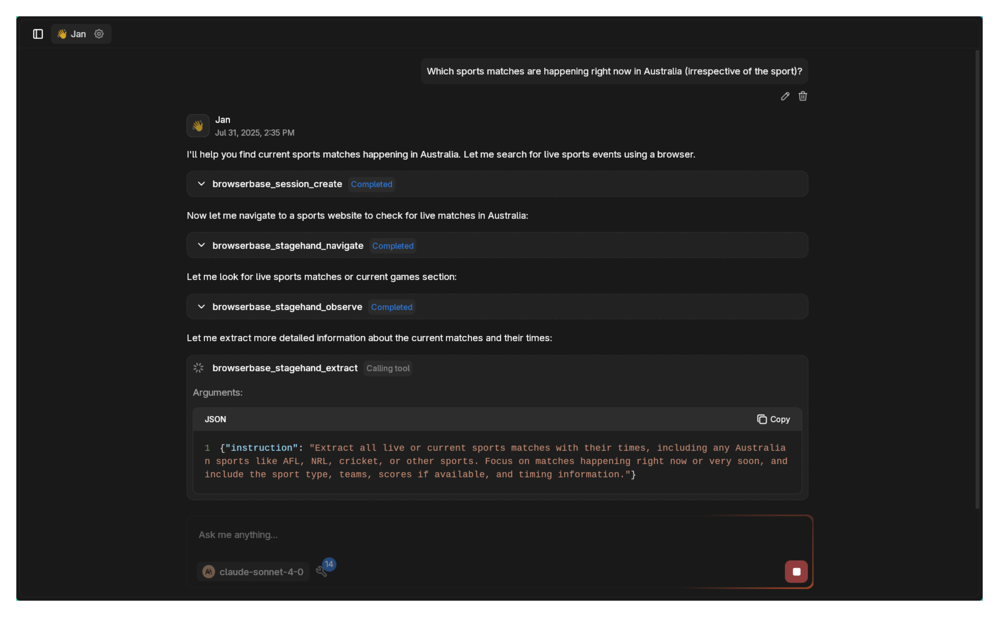 Model using browser tools to search for information