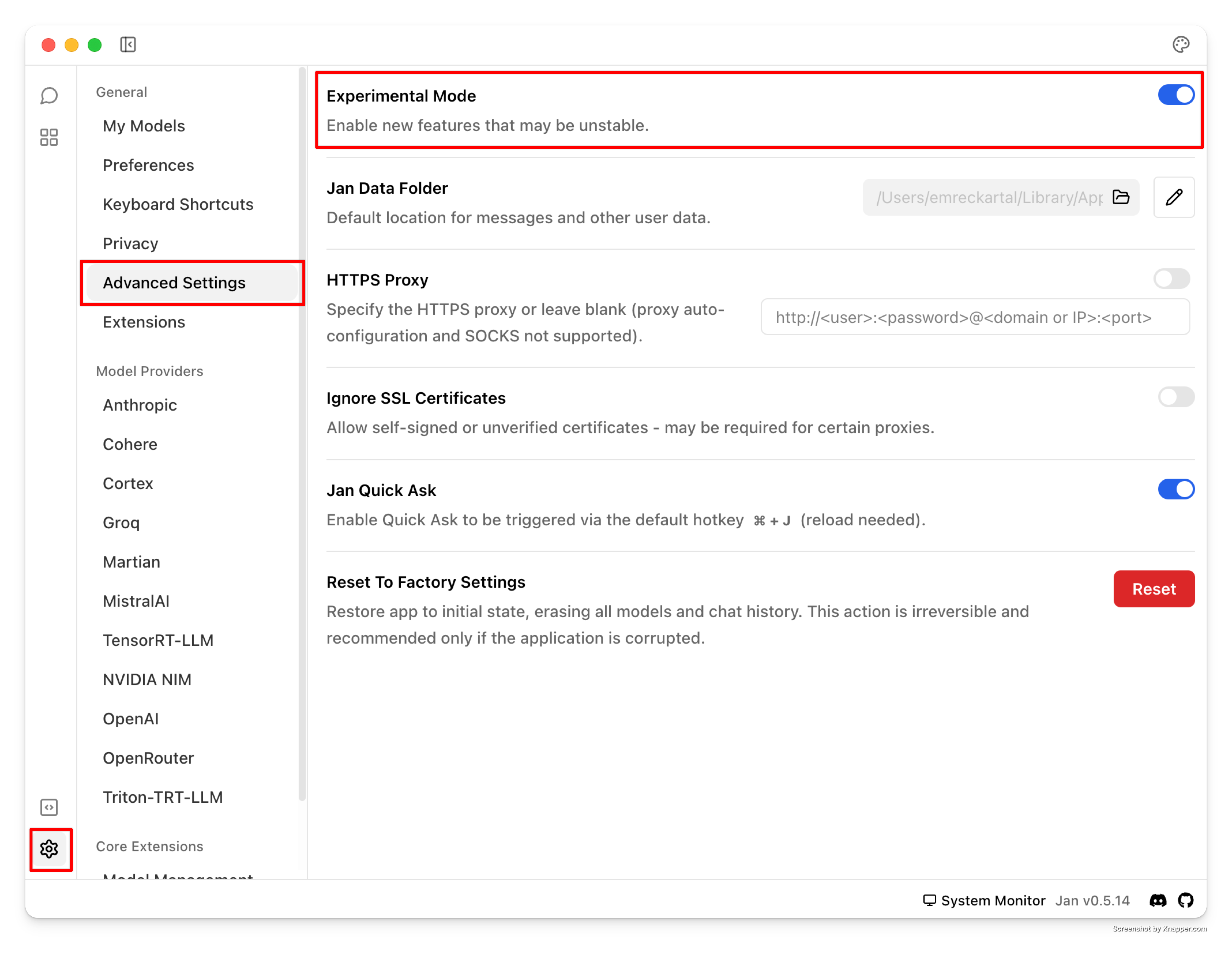 Activate experimental mode in Jan's settings