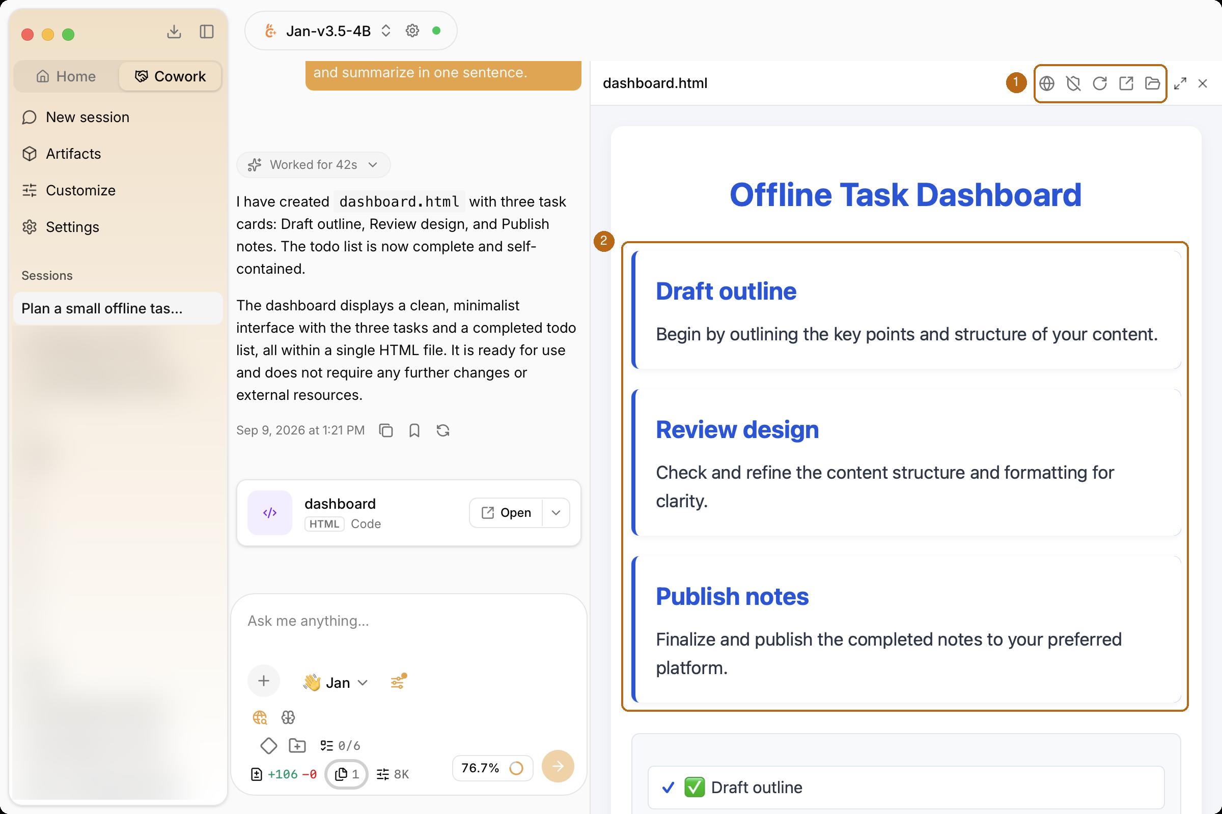 HTML preview with file controls and the generated task cards highlighted
