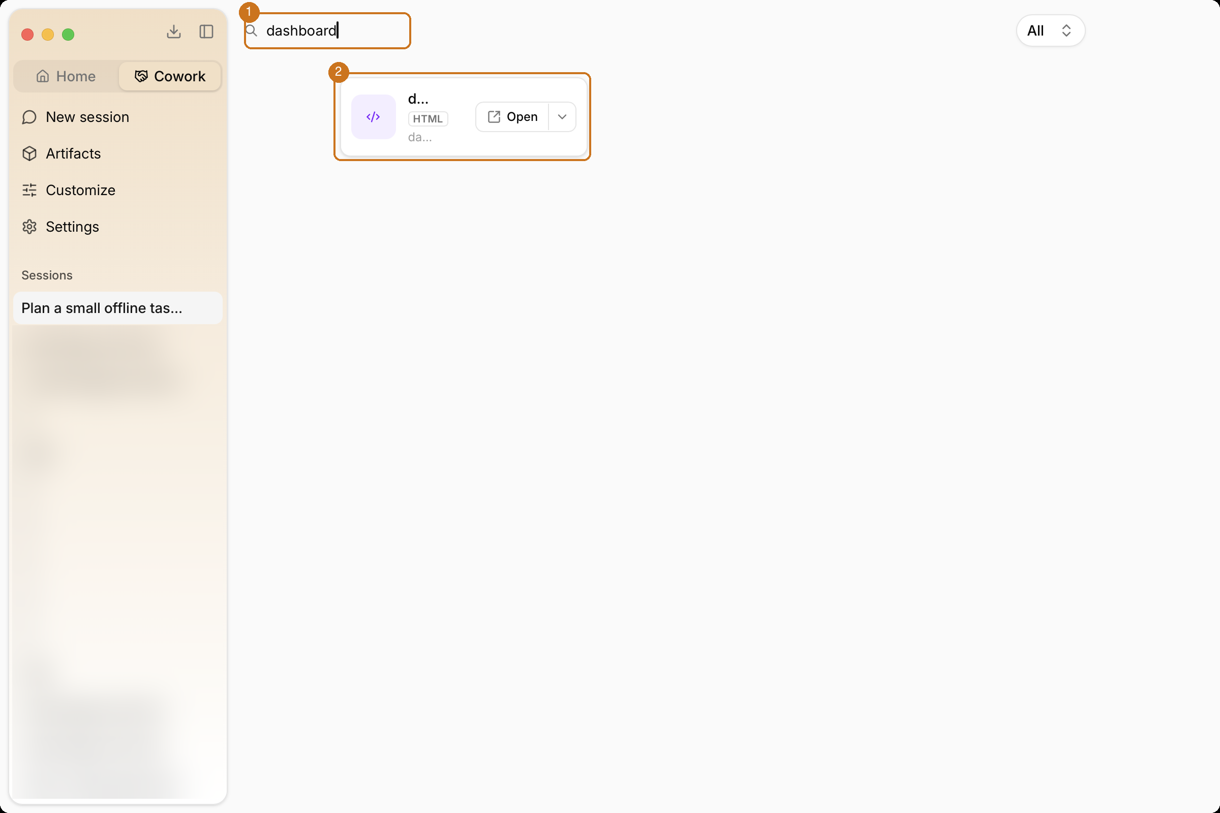 Artifacts library filtered to the dashboard example