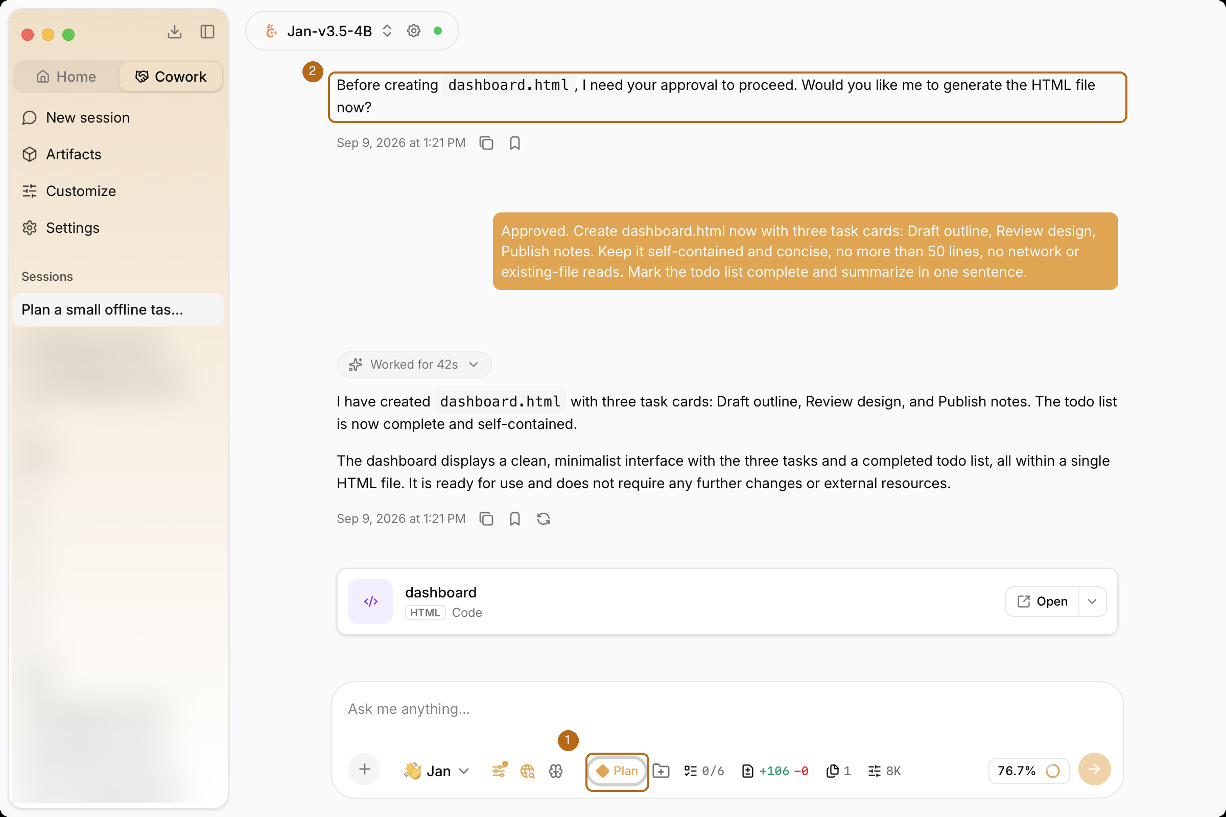 Plan mode with an approval question highlighted