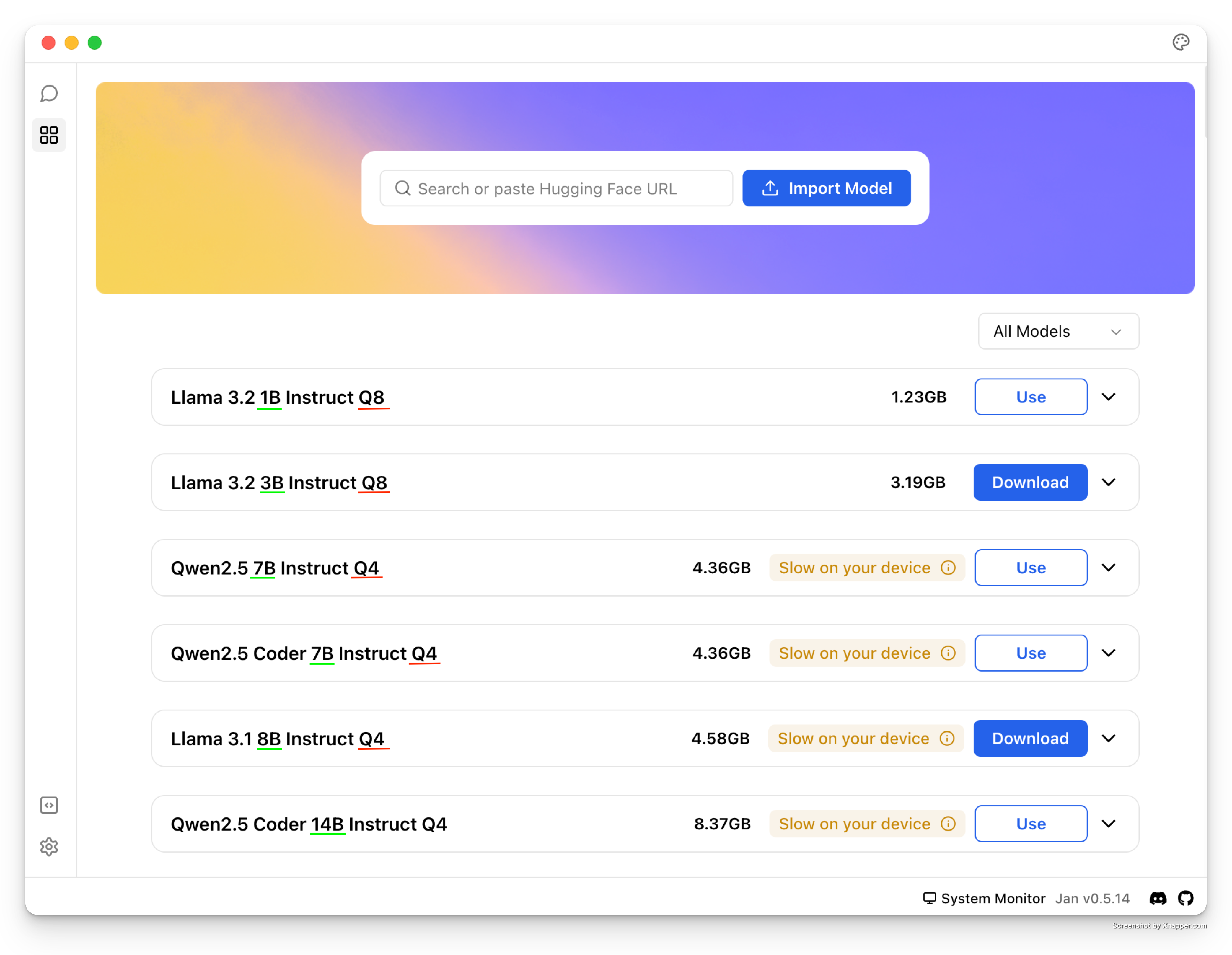 Jan Hub interface showing model sizes and types